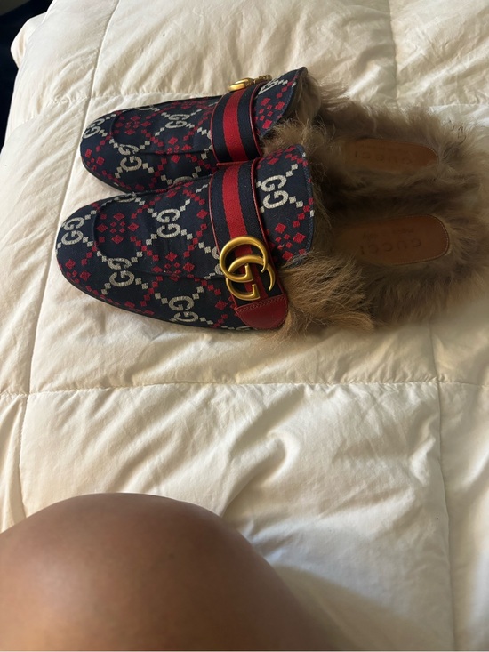 Gucci Shoes - Gucci Navy & Red GG Canvas Fur-Lined Princetown Mule